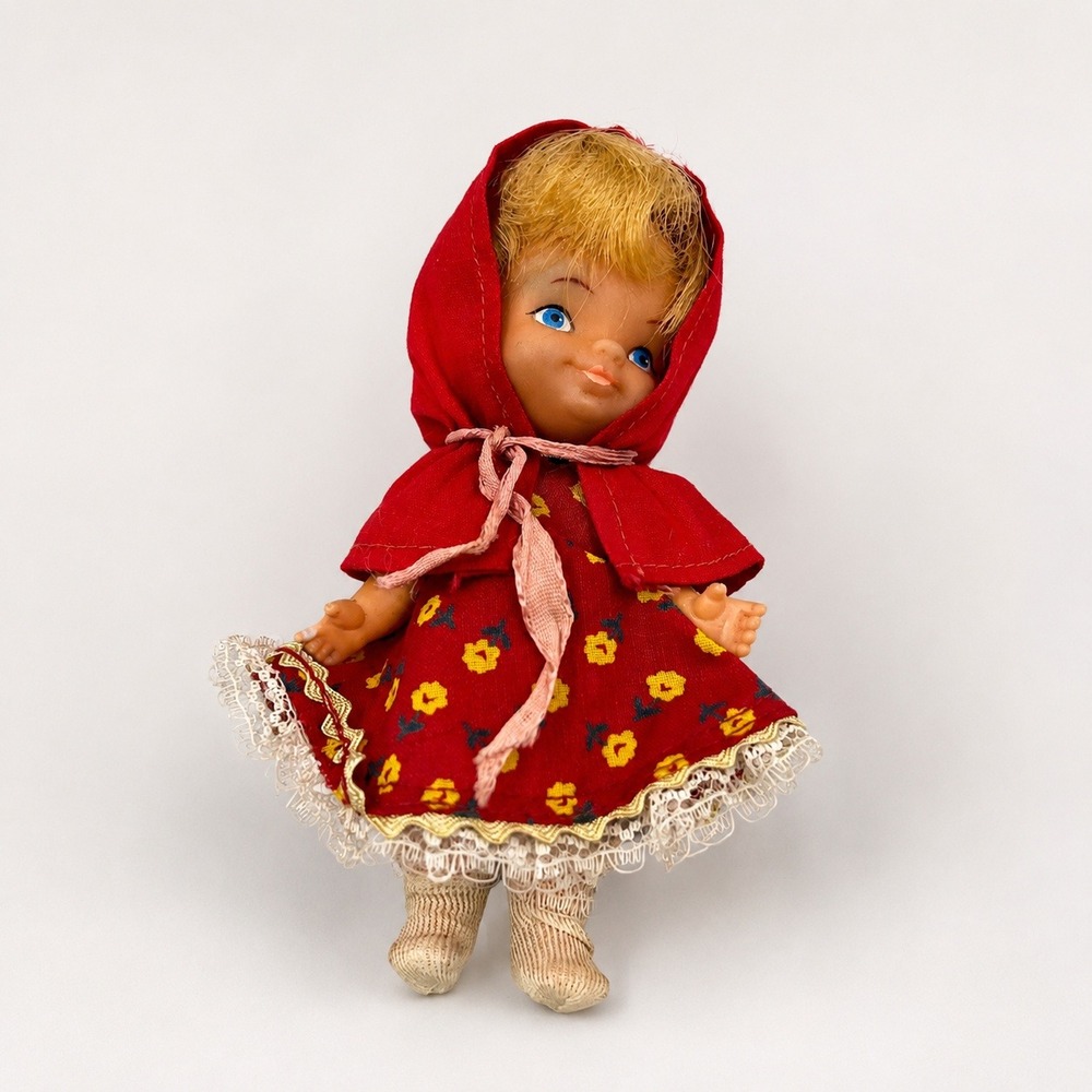 Vtg Little Red Riding Hood Doll 5 Inch Hong Kong Blonde Hair Red Floral Dress
